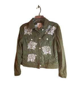 LuLaRoe Olive Green Denim Jacket with White Embroidered Roses,Size Small